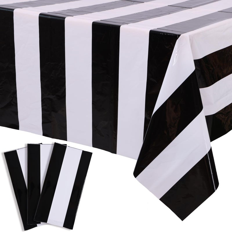 Kesfey 3 Packs Black and White Horizontal Striped Table Cloth 54 x 108 Inch Classic Black Stripe Tablecloths Disposable Plastic Stripe Table Covers Waterproof Picnic Tablecover for Camping Party