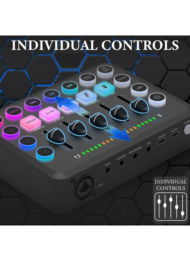 XiuWoo - Gaming Audio Mixer, Streaming RGB PC Mixer with XLR Microphone Interface, Individual Control Volume Fader Mute Button 48V Phantom Power for Podcast Recording Vocal Game Voice Black - Image 1