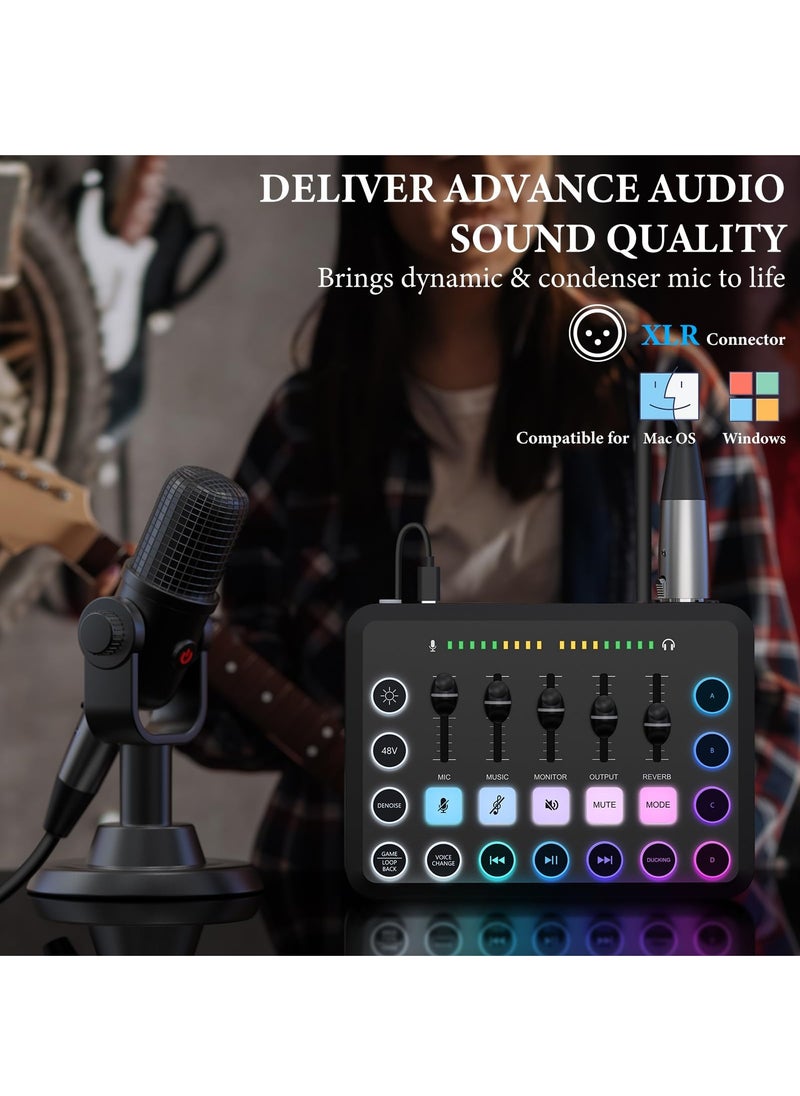 XiuWoo - Gaming Audio Mixer, Streaming RGB PC Mixer with XLR Microphone Interface, Individual Control Volume Fader Mute Button 48V Phantom Power for Podcast Recording Vocal Game Voice Black - Image 1