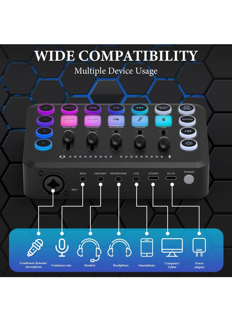 XiuWoo - Gaming Audio Mixer, Streaming RGB PC Mixer with XLR Microphone Interface, Individual Control Volume Fader Mute Button 48V Phantom Power for Podcast Recording Vocal Game Voice Black - Image 1