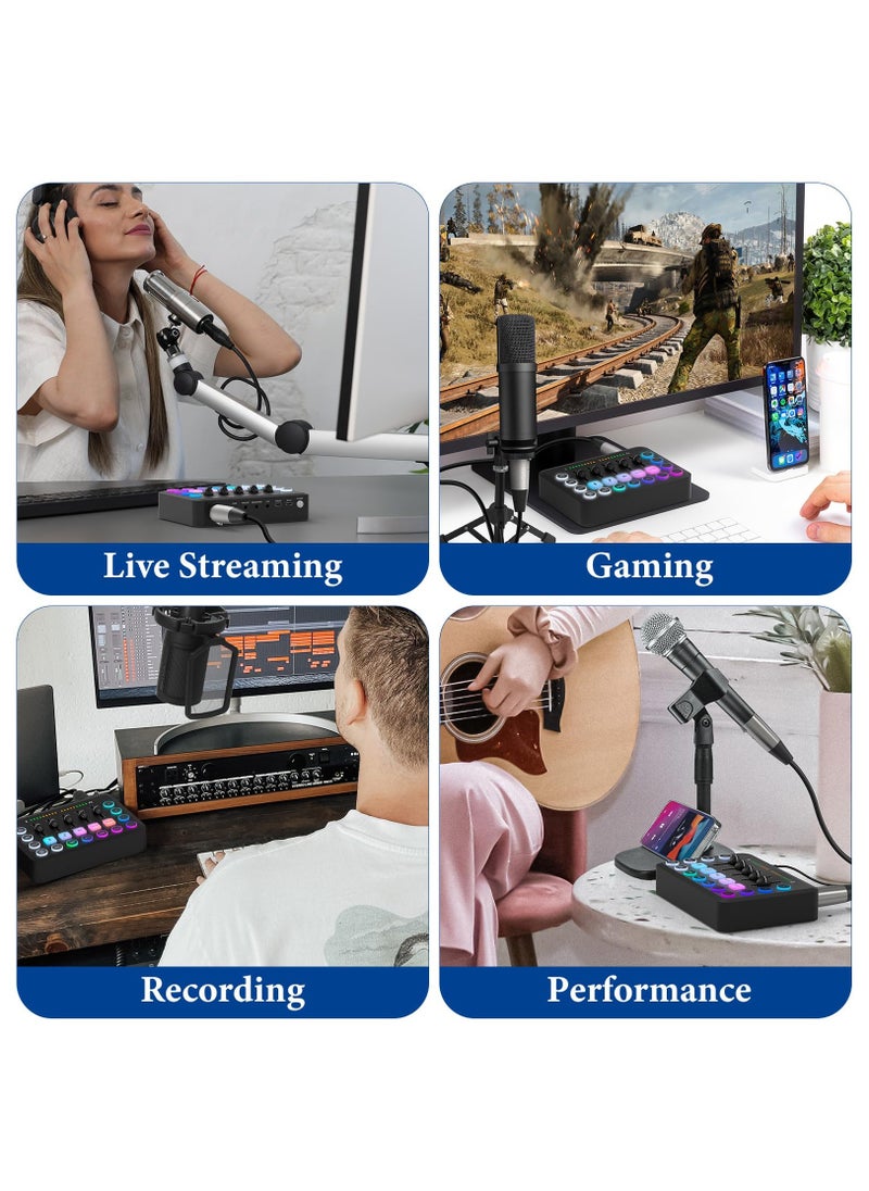 XiuWoo - Gaming Audio Mixer, Streaming RGB PC Mixer with XLR Microphone Interface, Individual Control Volume Fader Mute Button 48V Phantom Power for Podcast Recording Vocal Game Voice Black - Image 1