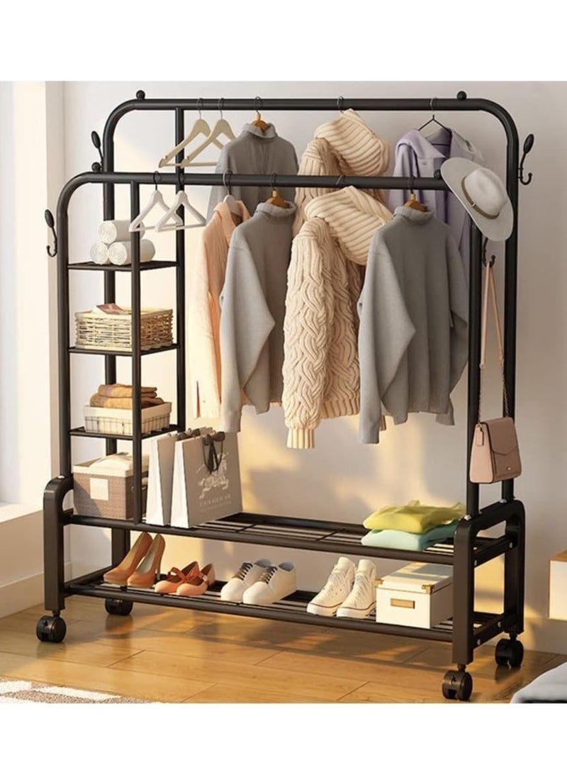 Cozara Metal clothes hanger organizer, clothes rack and side shelves, black with wheels  - Image 2