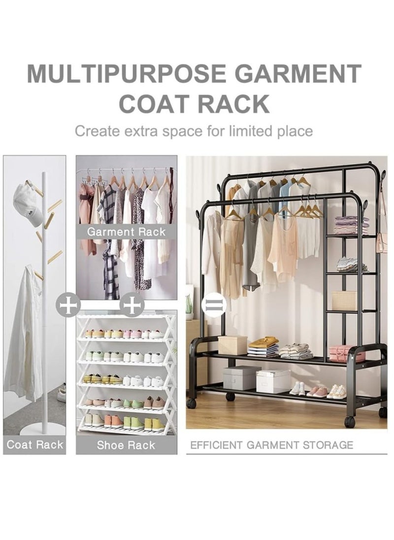 Cozara Metal clothes hanger organizer, clothes rack and side shelves, black with wheels  - Image 3