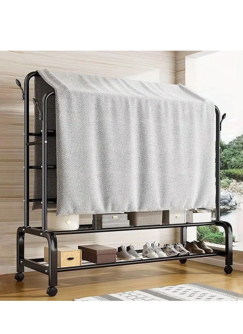 Cozara Metal clothes hanger organizer, clothes rack and side shelves, black with wheels  - Image 4