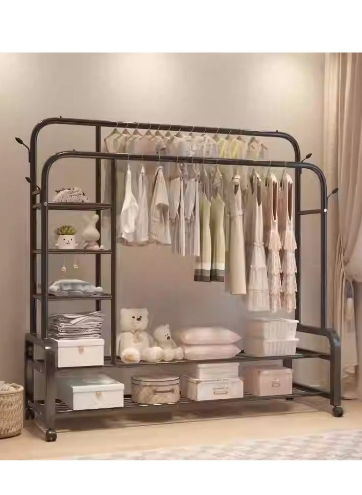 Cozara Metal clothes hanger organizer, clothes rack and side shelves, black with wheels  - Image 5