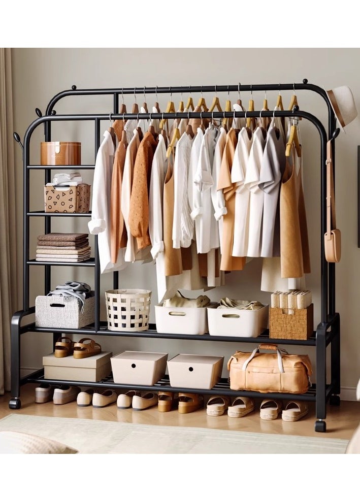 Cozara Metal clothes hanger organizer, clothes rack and side shelves, black with wheels  - Image 1