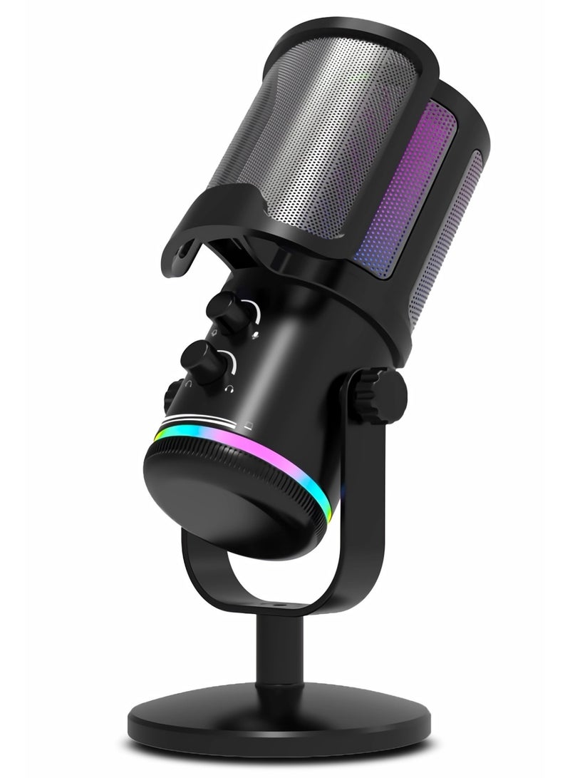 حفيّان ميكروفون USB للألعاب للكمبيوتر الشخصي PS5 ميكروفون مكثف مع كتم الصوت السريع ومؤشر RGB وحامل مكتبي وفلتر بوب وتحكم في الكسب للبث المباشر على Discord و Twitch والبودكاست والفيديوهات - Image 1