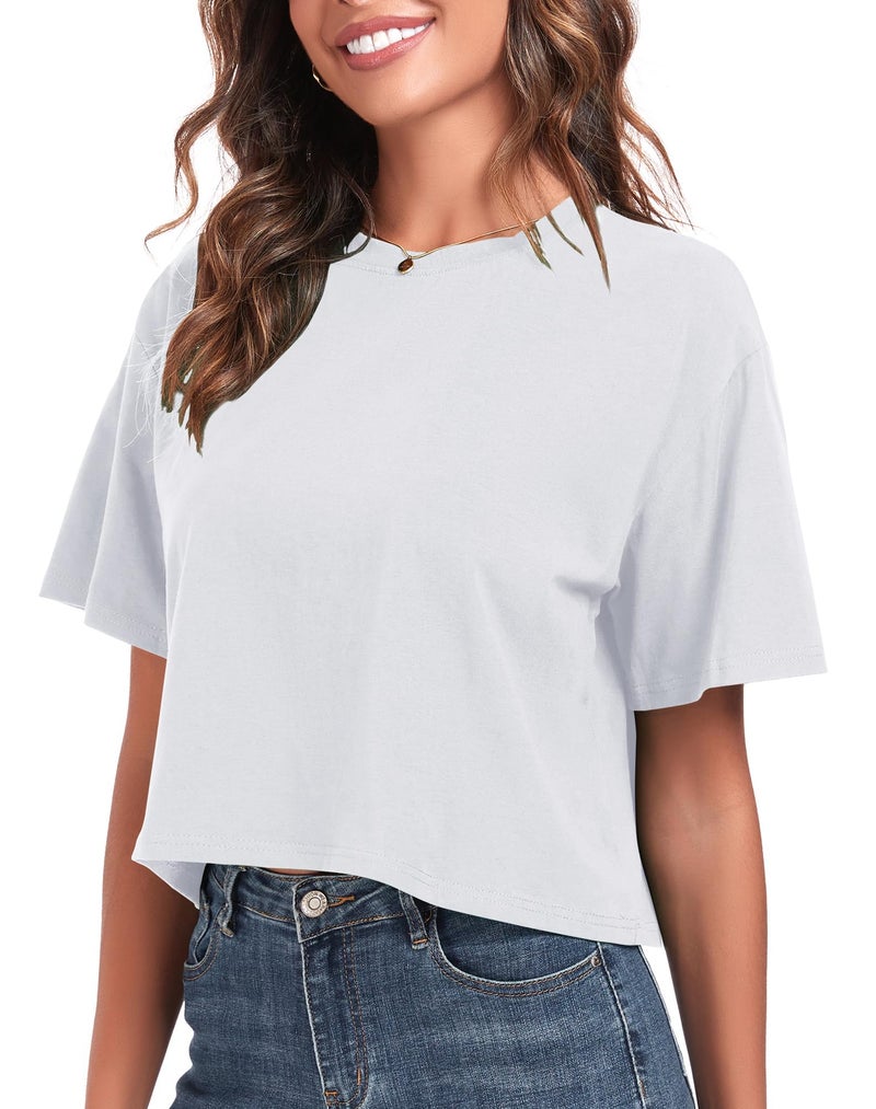PRIMODA Women's Oversized Workout White Cropped T Shirts Crew Neck Short Sleeve Casual Loose Summer Crop Tee Tops Cotton, M - Image 2