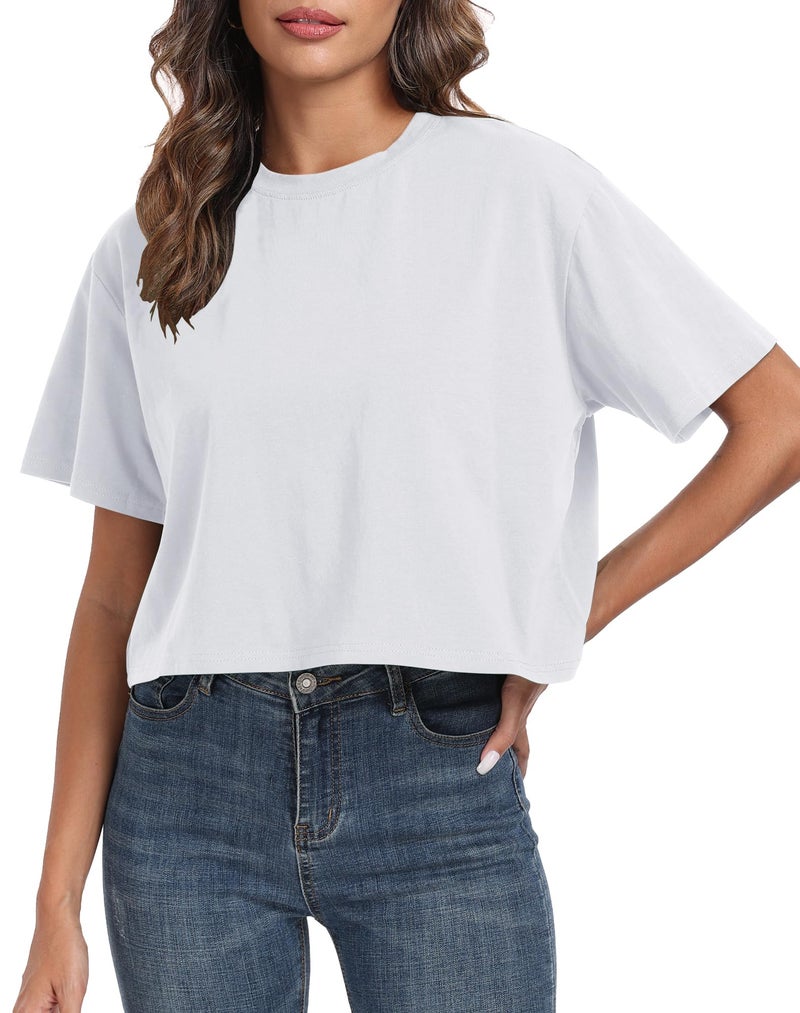 PRIMODA Women's Oversized Workout White Cropped T Shirts Crew Neck Short Sleeve Casual Loose Summer Crop Tee Tops Cotton, M - Image 1