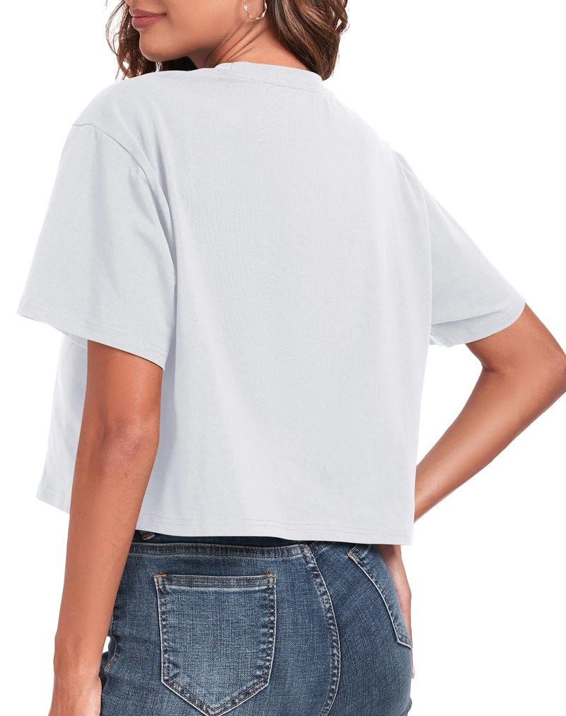 PRIMODA Women's Oversized Workout White Cropped T Shirts Crew Neck Short Sleeve Casual Loose Summer Crop Tee Tops Cotton, M - Image 3