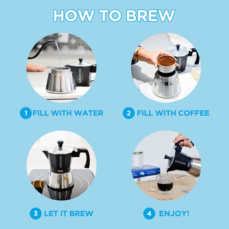 GROSCHE Milano Induction Stovetop Espresso Maker Moka Pot for Greca, Induction, Electric & Gas Stoves, Dishwasher Safe Stovetop Espresso Maker | 3 Espresso Cup, Black - Image 2