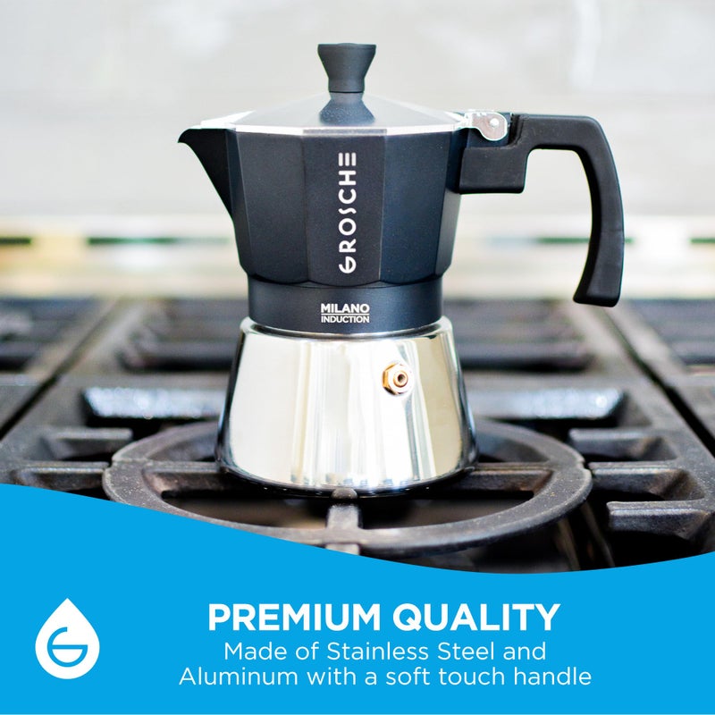 GROSCHE Milano Induction Stovetop Espresso Maker Moka Pot for Greca, Induction, Electric & Gas Stoves, Dishwasher Safe Stovetop Espresso Maker | 3 Espresso Cup, Black - Image 5