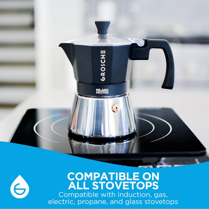 GROSCHE Milano Induction Stovetop Espresso Maker Moka Pot for Greca, Induction, Electric & Gas Stoves, Dishwasher Safe Stovetop Espresso Maker | 3 Espresso Cup, Black - Image 3