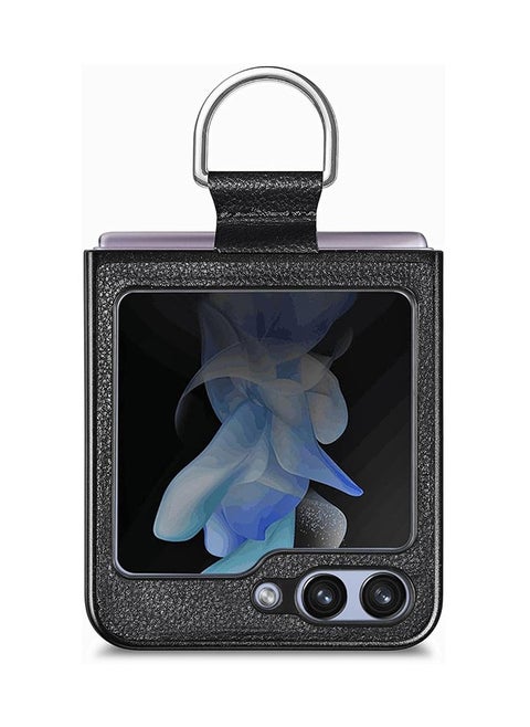 Samsung Galaxy Z Flip5 (5G) Case Cover with Ring Holder, PU Leather + Hard PC Silicone Cover Slim Thin Shockproof Protector Non-Slip Durable Matte Phone Cases for Samsung Z Flip 5 (Black)