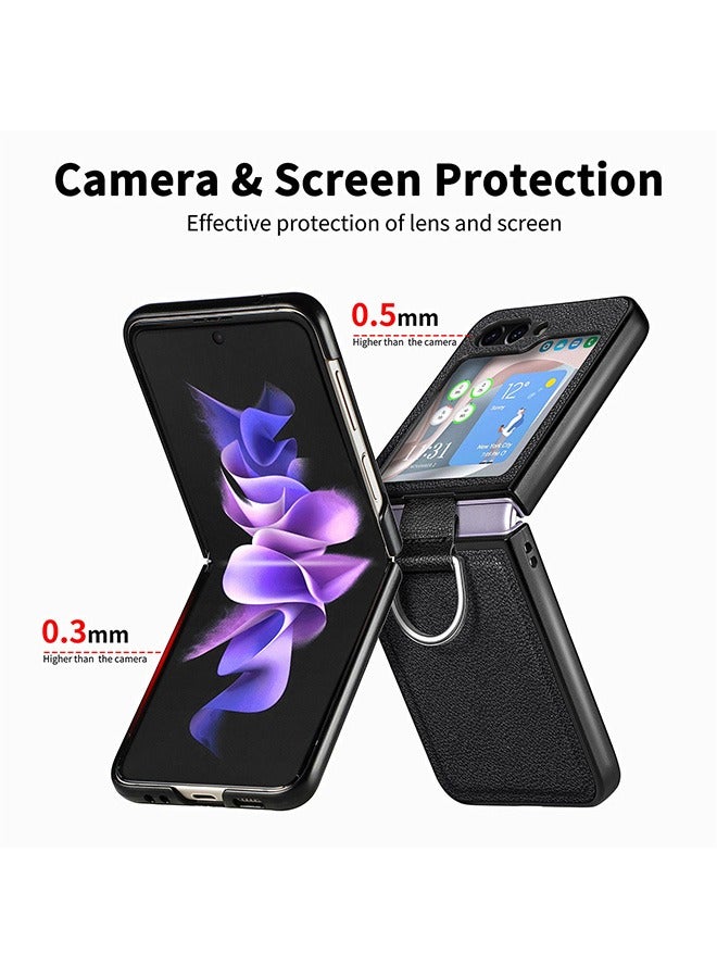 Samsung Galaxy Z Flip5 (5G) Case Cover with Ring Holder, PU Leather + Hard PC Silicone Cover Slim Thin Shockproof Protector Non-Slip Durable Matte Phone Cases for Samsung Z Flip 5 (Black) - Image 5