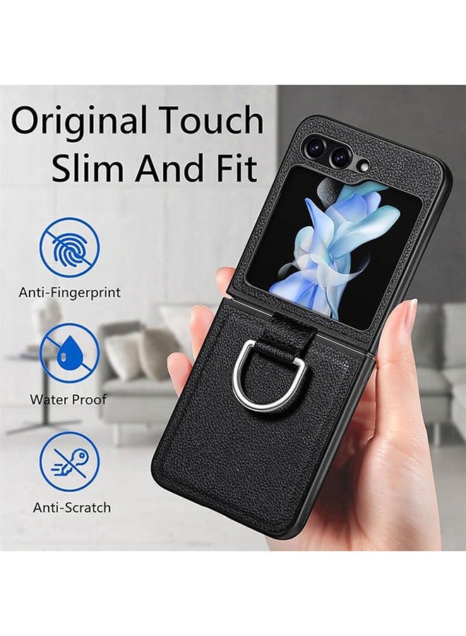 Samsung Galaxy Z Flip5 (5G) Case Cover with Ring Holder, PU Leather + Hard PC Silicone Cover Slim Thin Shockproof Protector Non-Slip Durable Matte Phone Cases for Samsung Z Flip 5 (Black) - Image 2