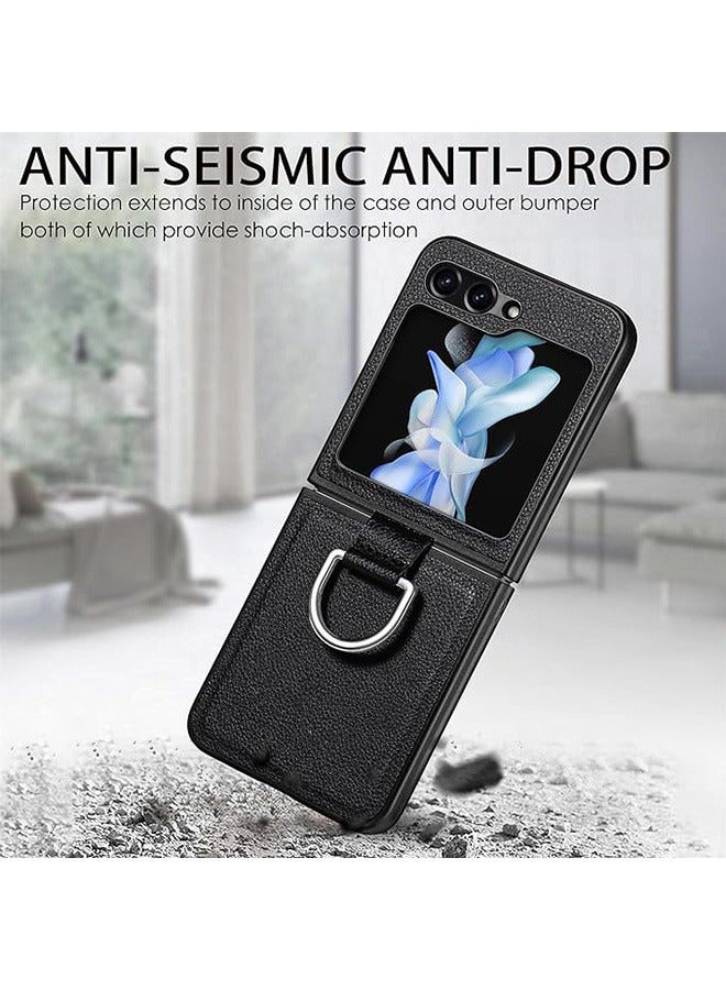 Samsung Galaxy Z Flip5 (5G) Case Cover with Ring Holder, PU Leather + Hard PC Silicone Cover Slim Thin Shockproof Protector Non-Slip Durable Matte Phone Cases for Samsung Z Flip 5 (Black) - Image 4