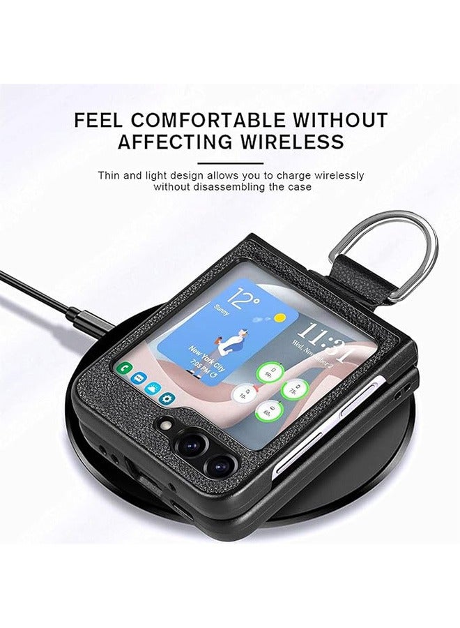 Samsung Galaxy Z Flip5 (5G) Case Cover with Ring Holder, PU Leather + Hard PC Silicone Cover Slim Thin Shockproof Protector Non-Slip Durable Matte Phone Cases for Samsung Z Flip 5 (Black) - Image 3