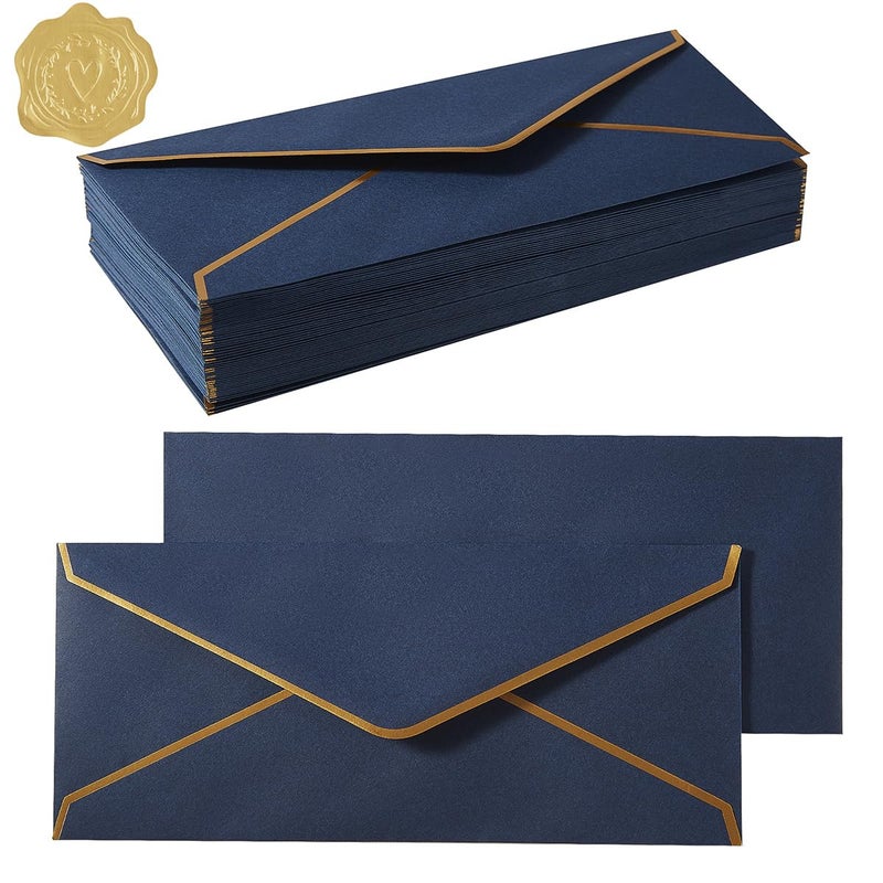 Topeen 100 Pack #10 Business Envelopes with Gold Border, Self Seal Standard Envelopes with Gold Stickers for Office, Checks, Letter Mailing, Invoices, 4 1/8 x 9 1/2 Inches (Navy Blue) - Image 1