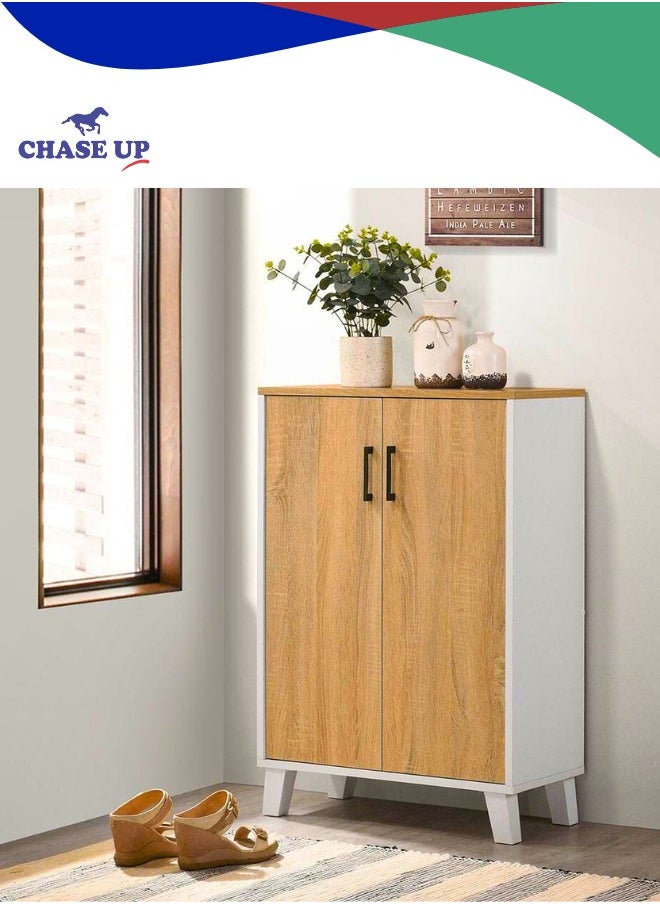 Chase Up Prima 2 Door Shoe Cabinet | 8 Pair Shoe + 4 Pair slipper| Modern Design Furniture | Wooden Shoe Organizer For Entryway Hallway | Made In Malaysia | L60xW30xH88cm - White/Sonoma Oak  - Image 1