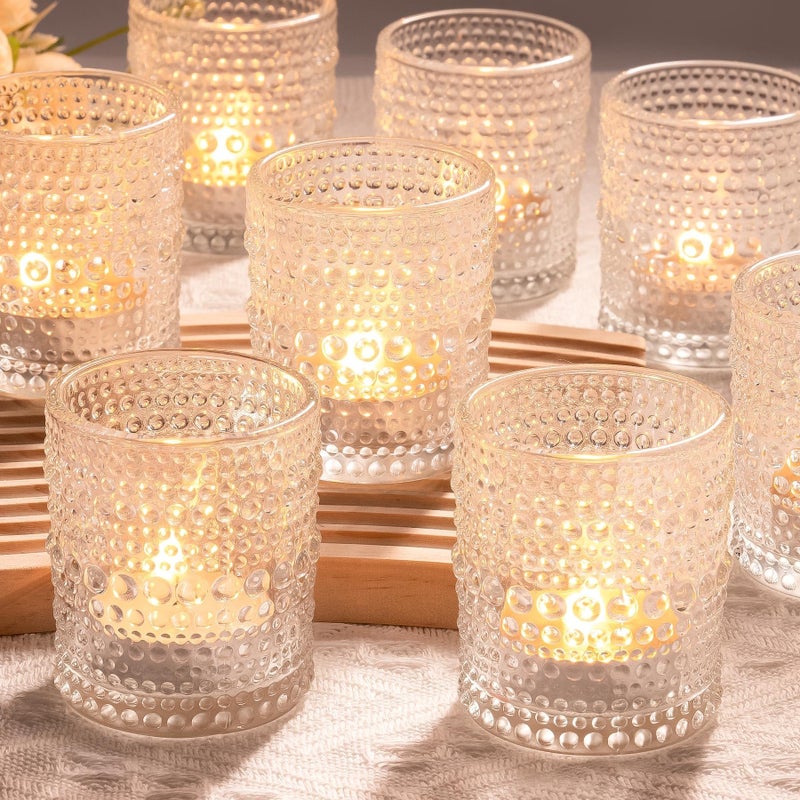Toptime Tea Light Candle Holders Votive Candle Holders Set of 12 Clear Glass Candle Holder with Embossed Dot Pattern Romantic Vintage Small Tealight Holders for Wedding Birthday Christmas