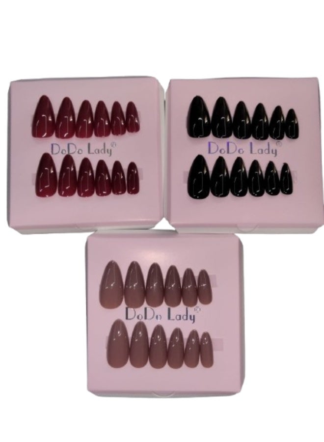 Nails, pack of 12 artificial nails - unique design, double-sided adhesive, 3 packs, random colors - Image 1
