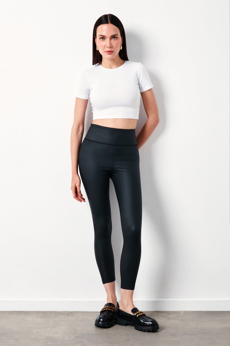 SATEEN High Waist Leather Leggings - Black  - Image 2