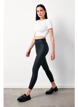 SATEEN High Waist Leather Leggings - Black  - Image 1