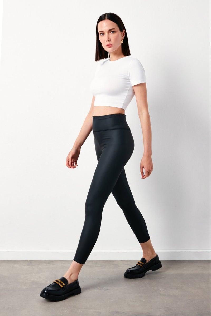 SATEEN High Waist Leather Leggings - Black  - Image 1