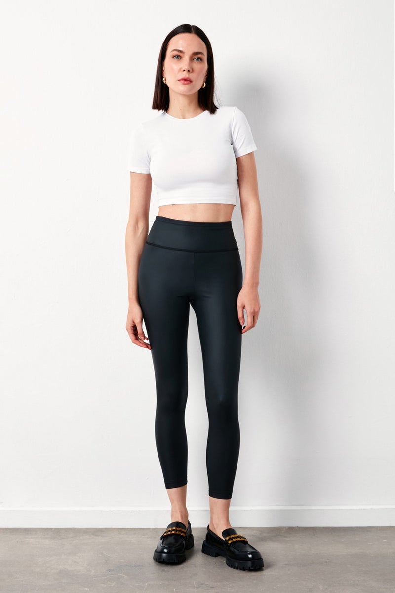 SATEEN High Waist Leather Leggings - Black  - Image 3