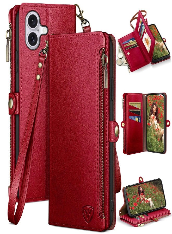 XcaseBar Compatible with iPhone 17 6.3" Wallet case with Zipper Credit Card Holder【RFID Blocking】,Flip Folio Book PU Leather Phone case Shockproof Cover Women Men for Apple 17 case Red - Image 1