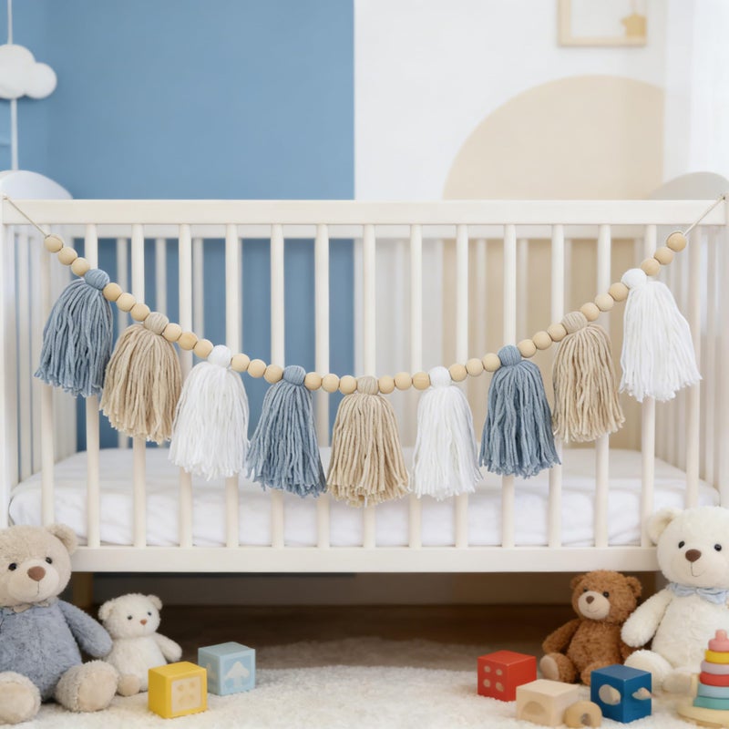DCJHFJ Boho Yarn Tassel Garland Banner with Wood Beads Blue and White Wall Hanging for Baby Shower Kids Bedroom Nursey Decor - Image 4