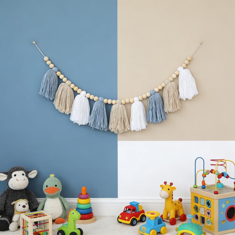 DCJHFJ Boho Yarn Tassel Garland Banner with Wood Beads Blue and White Wall Hanging for Baby Shower Kids Bedroom Nursey Decor - Image 5