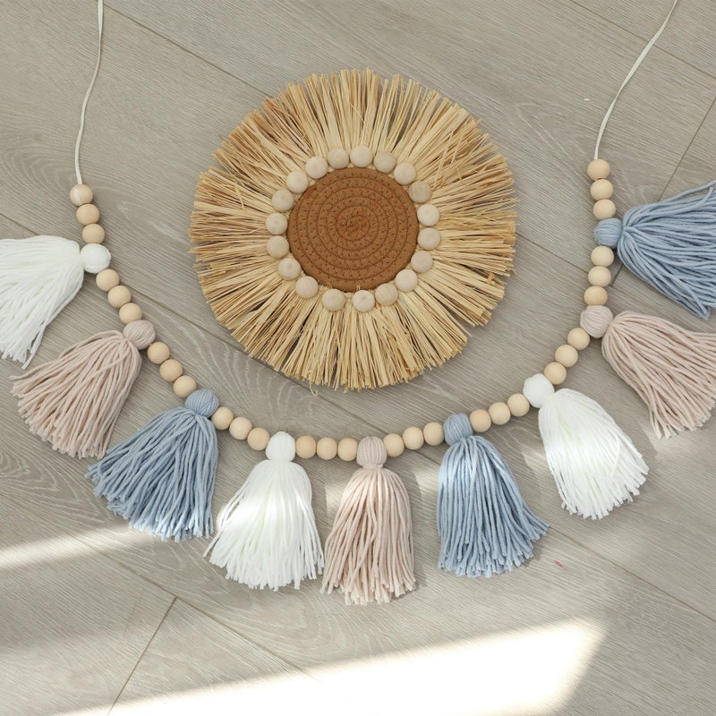 DCJHFJ Boho Yarn Tassel Garland Banner with Wood Beads Blue and White Wall Hanging for Baby Shower Kids Bedroom Nursey Decor - Image 2