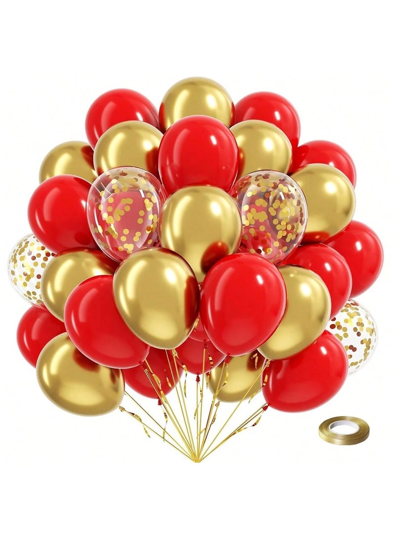 Graduation Decorations Set of Gold and Red Latex Balloons and Confetti Balloons. The set contains 50 balloons with a gold ribbon. Suitable for birthday, engagement and anniversary parties. - Image 1