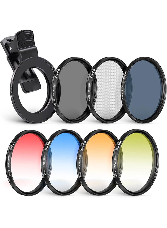 NEEWER 67 mm ND+CPL + Effect Filter Set with Mobile Phone Lens Clamp, ND32/Polarising/6 Point Star/4 Graduated Colour Filters Compatible with iPhone 16 15 14 Pro Max Plus 13 12 X Xs Samsung - Image 1
