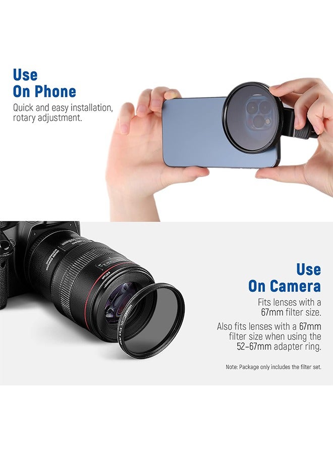 NEEWER 67 mm ND+CPL + Effect Filter Set with Mobile Phone Lens Clamp, ND32/Polarising/6 Point Star/4 Graduated Colour Filters Compatible with iPhone 16 15 14 Pro Max Plus 13 12 X Xs Samsung - Image 2