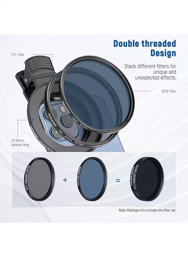NEEWER 67 mm ND+CPL + Effect Filter Set with Mobile Phone Lens Clamp, ND32/Polarising/6 Point Star/4 Graduated Colour Filters Compatible with iPhone 16 15 14 Pro Max Plus 13 12 X Xs Samsung - Image 4