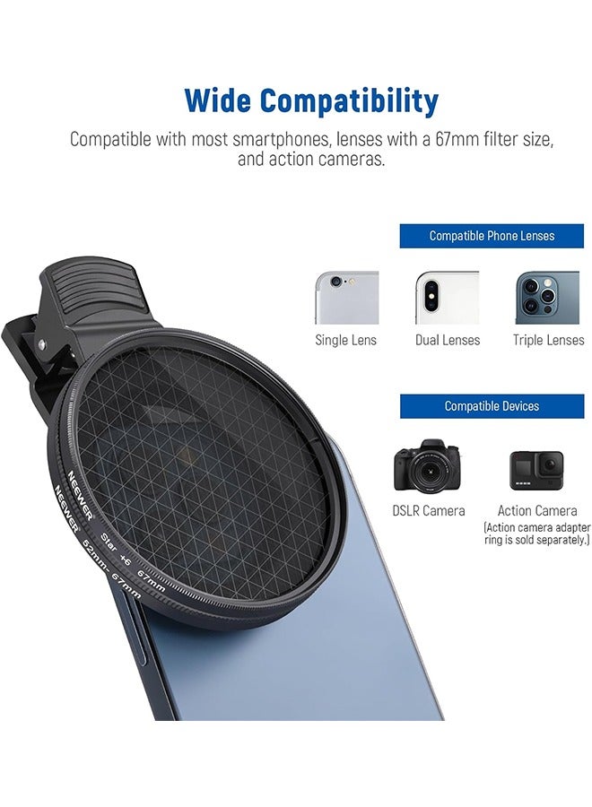 NEEWER 67 mm ND+CPL + Effect Filter Set with Mobile Phone Lens Clamp, ND32/Polarising/6 Point Star/4 Graduated Colour Filters Compatible with iPhone 16 15 14 Pro Max Plus 13 12 X Xs Samsung - Image 5