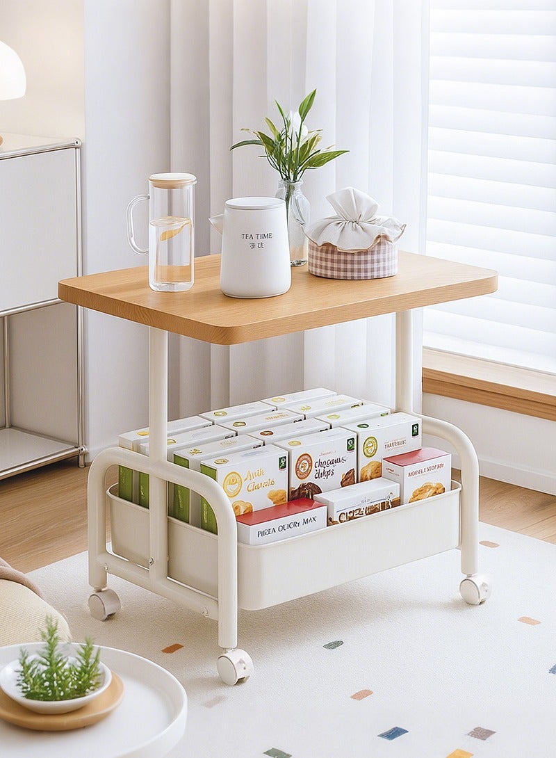 TAPIT 2-Tier Rectangle Wooden Corner Coffee Table with Storage Basket, Movable End Side Table with Wheels, Modern Simple Sofa Table for Living Room Bedroom Small Spaces (45x30x51cm, Wood Color&White) - Image 1