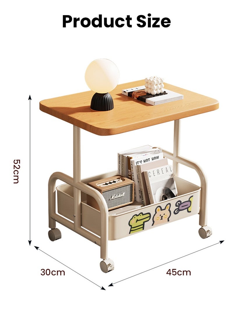TAPIT 2-Tier Rectangle Wooden Corner Coffee Table with Storage Basket, Movable End Side Table with Wheels, Modern Simple Sofa Table for Living Room Bedroom Small Spaces (45x30x51cm, Wood Color&White) - Image 4