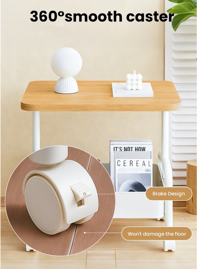 TAPIT 2-Tier Rectangle Wooden Corner Coffee Table with Storage Basket, Movable End Side Table with Wheels, Modern Simple Sofa Table for Living Room Bedroom Small Spaces (45x30x51cm, Wood Color&White) - Image 3