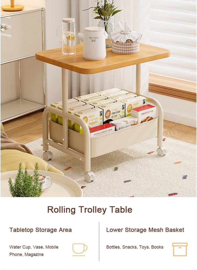 TAPIT 2-Tier Rectangle Wooden Corner Coffee Table with Storage Basket, Movable End Side Table with Wheels, Modern Simple Sofa Table for Living Room Bedroom Small Spaces (45x30x51cm, Wood Color&White) - Image 2