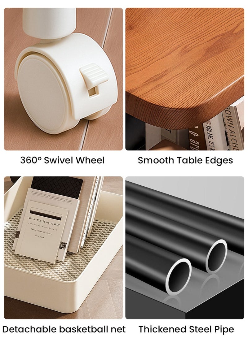 TAPIT 2-Tier Rectangle Wooden Corner Coffee Table with Storage Basket, Movable End Side Table with Wheels, Modern Simple Sofa Table for Living Room Bedroom Small Spaces (45x30x51cm, Wood Color&White) - Image 5