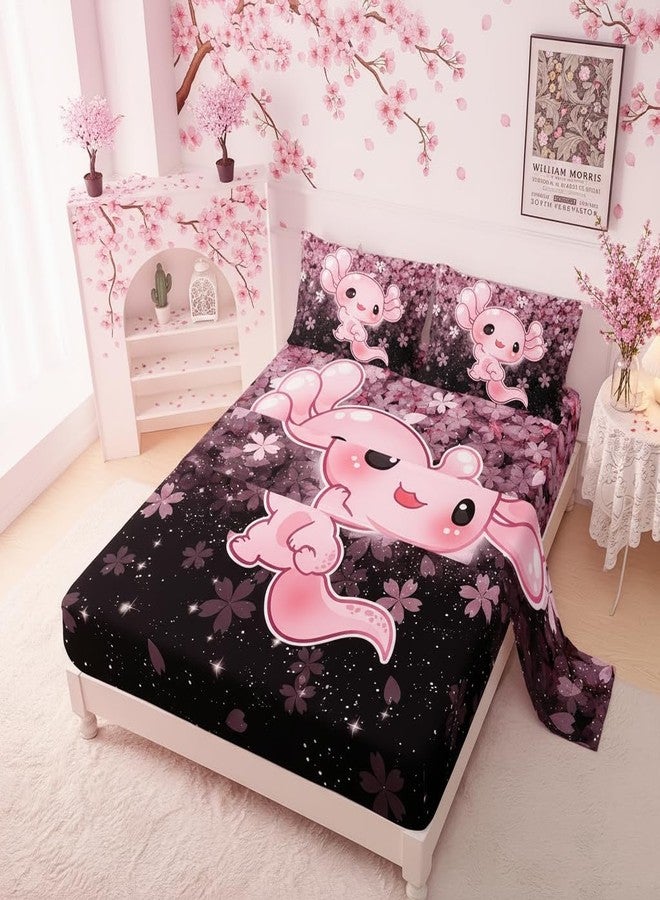 QOOMO Kawaii Axolotl Bedding for Boys and Girls Pink Cherry Blossom Super Soft Kids Bedding Set Sparkling Stars Breathable Room Decoration Queen Size 1 Fitted Sheet, 1 Flat Sheet, 2 Pillow Cases - Image 2