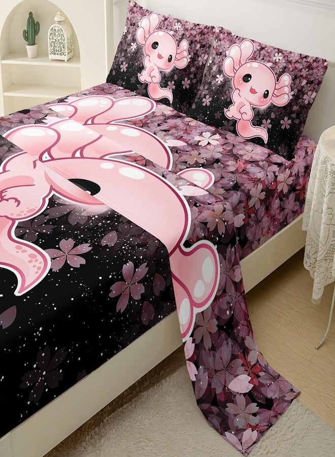 QOOMO Kawaii Axolotl Bedding for Boys and Girls Pink Cherry Blossom Super Soft Kids Bedding Set Sparkling Stars Breathable Room Decoration Queen Size 1 Fitted Sheet, 1 Flat Sheet, 2 Pillow Cases - Image 3