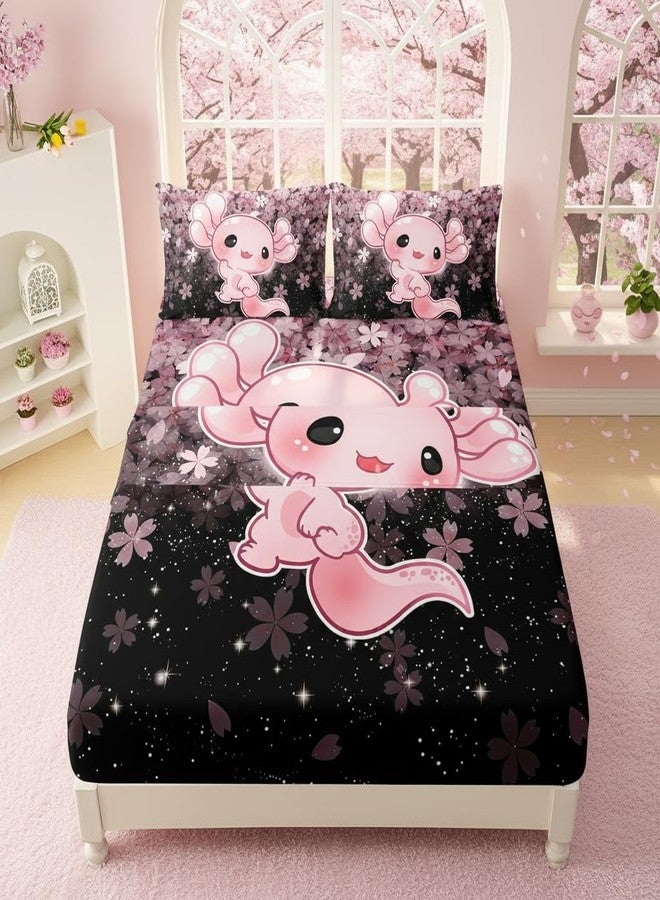 QOOMO Kawaii Axolotl Bedding for Boys and Girls Pink Cherry Blossom Super Soft Kids Bedding Set Sparkling Stars Breathable Room Decoration Queen Size 1 Fitted Sheet, 1 Flat Sheet, 2 Pillow Cases - Image 1