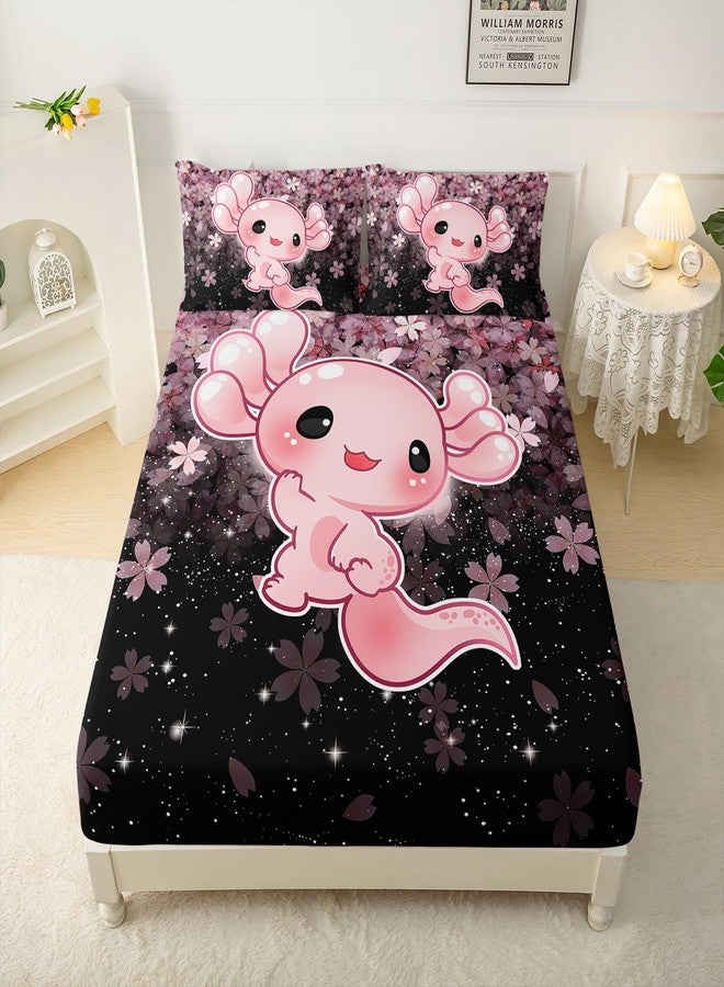 QOOMO Kawaii Axolotl Bedding for Boys and Girls Pink Cherry Blossom Super Soft Kids Bedding Set Sparkling Stars Breathable Room Decoration Queen Size 1 Fitted Sheet, 1 Flat Sheet, 2 Pillow Cases - Image 4