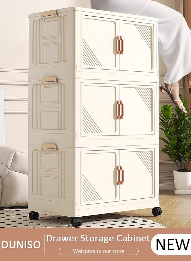 DUNISO 3 Tier Plastic Storage Organizer Foldable Storage Box Stackable Storage Bins with Lids and Wheels Closet Organizers Storage Cabinet for Clothes Toys Books 50cm Wide Collapsible Container for Home Office and Outdoor - Image 1