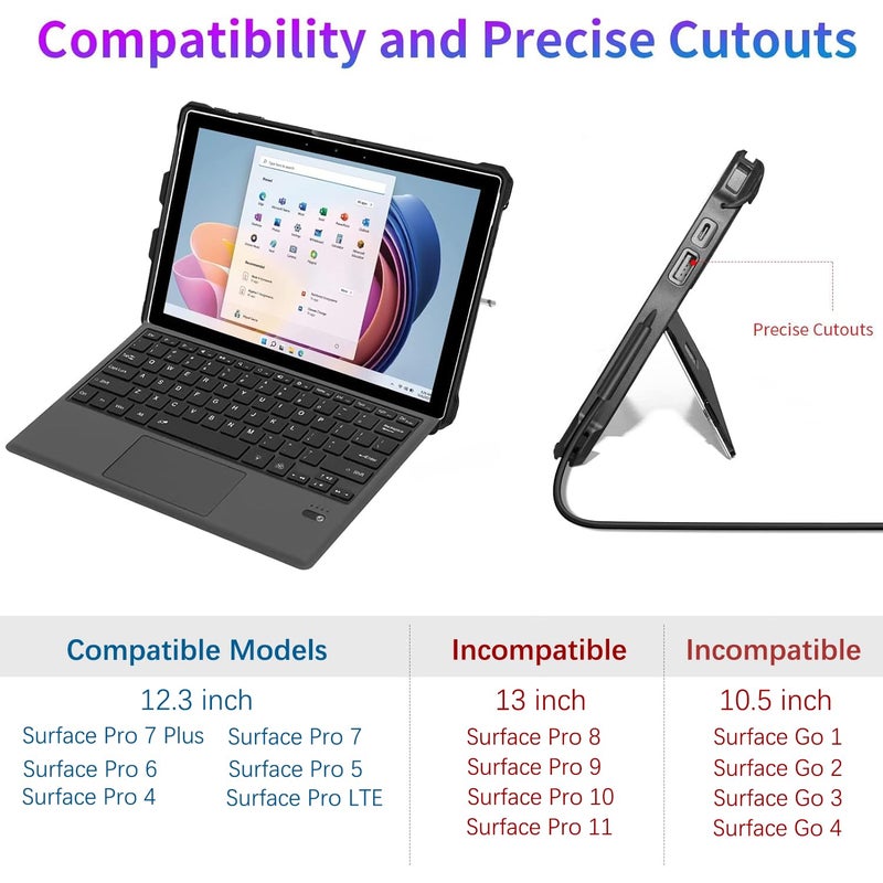 SSSÂ·GRGB Case for 12.3" Microsoft Surface Pro 7+/7/6/5/4/LTE Protective Rugged Cover Case, with Stylus Pen Holder and Hand Strap, Compatible with Type Cover Keyboard, Black - Image 2